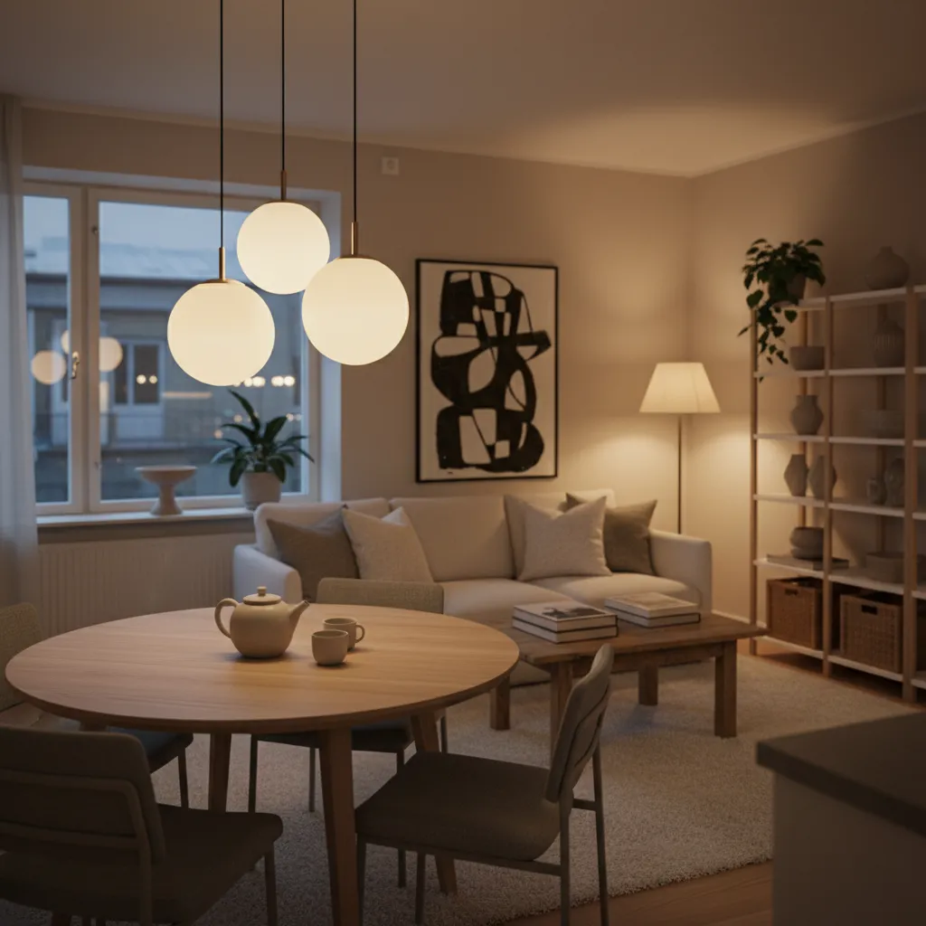 Interior escandinavo con varias lámparas cálidas y luz suave