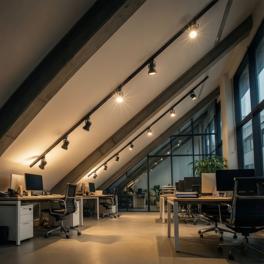 Sistema de iluminación lineal en oficina con techo inclinado