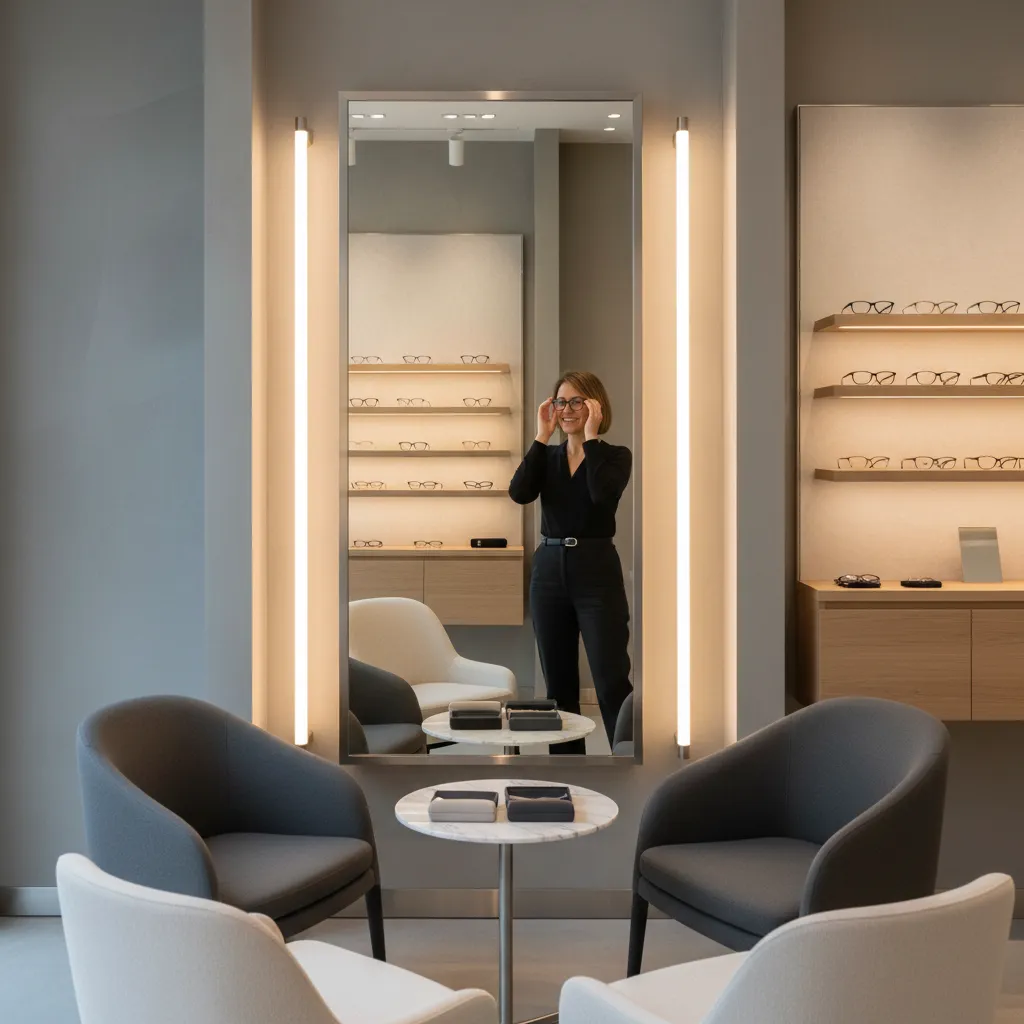 Woman trying on glasses in front of a mirror with vertical wall lights and grey armchairs