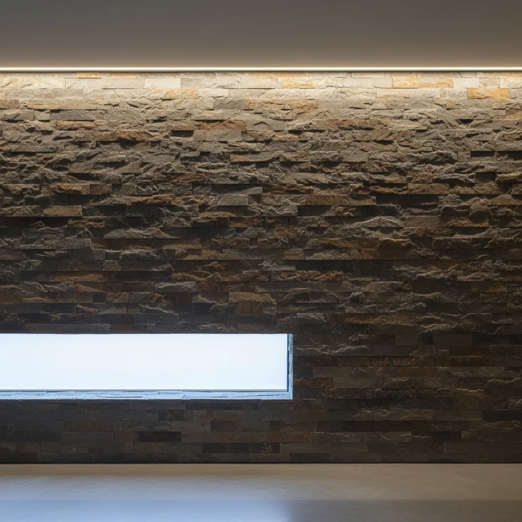 Iluminación rasante sobre pared de piedra natural