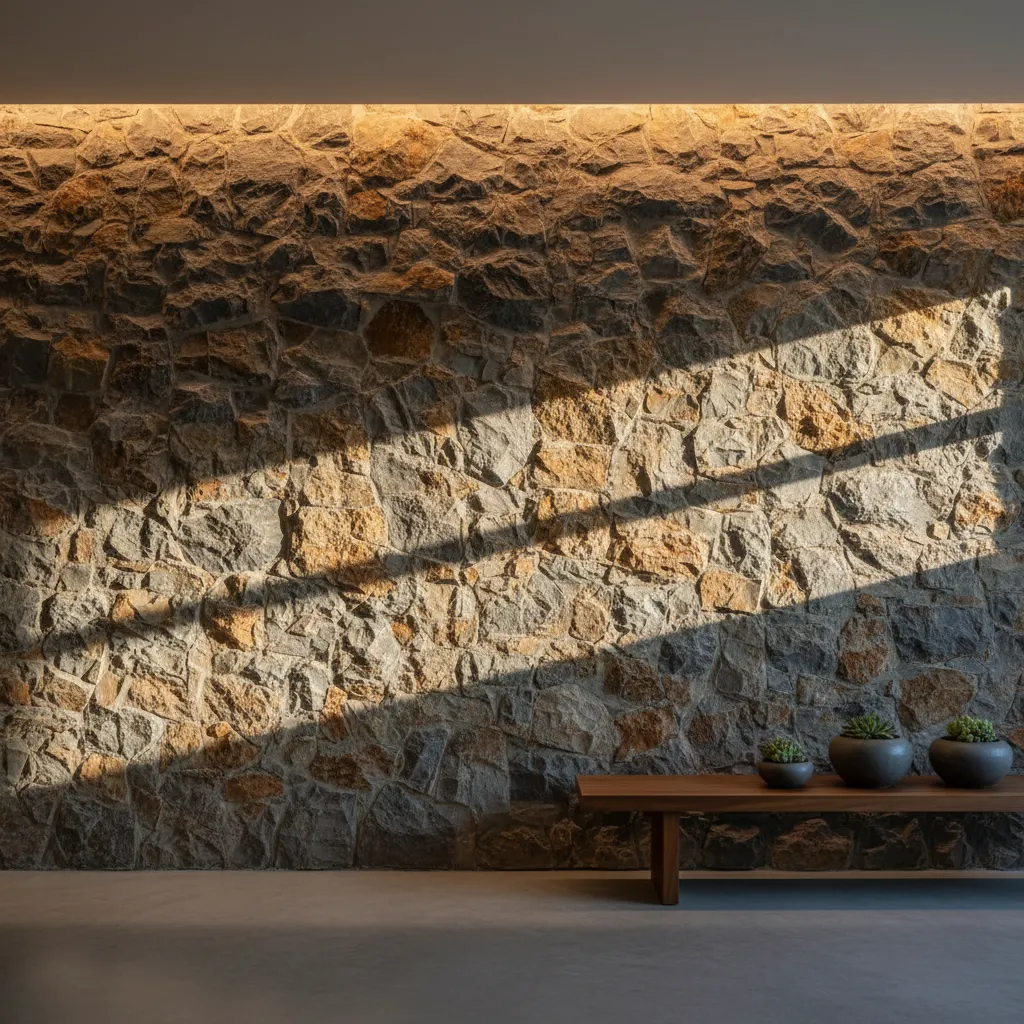 Iluminación cálida resaltando textura de piedra natural