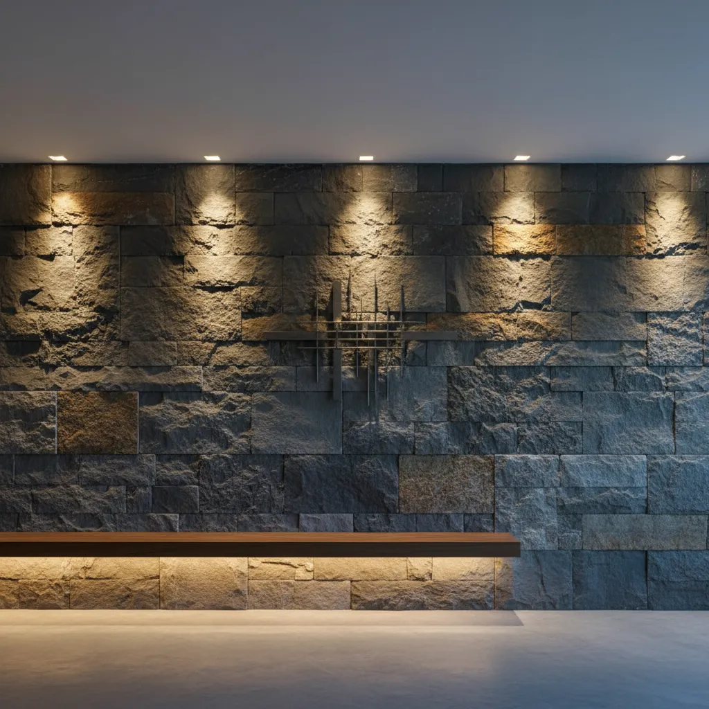 Iluminación lateral resaltando textura de pared de piedra