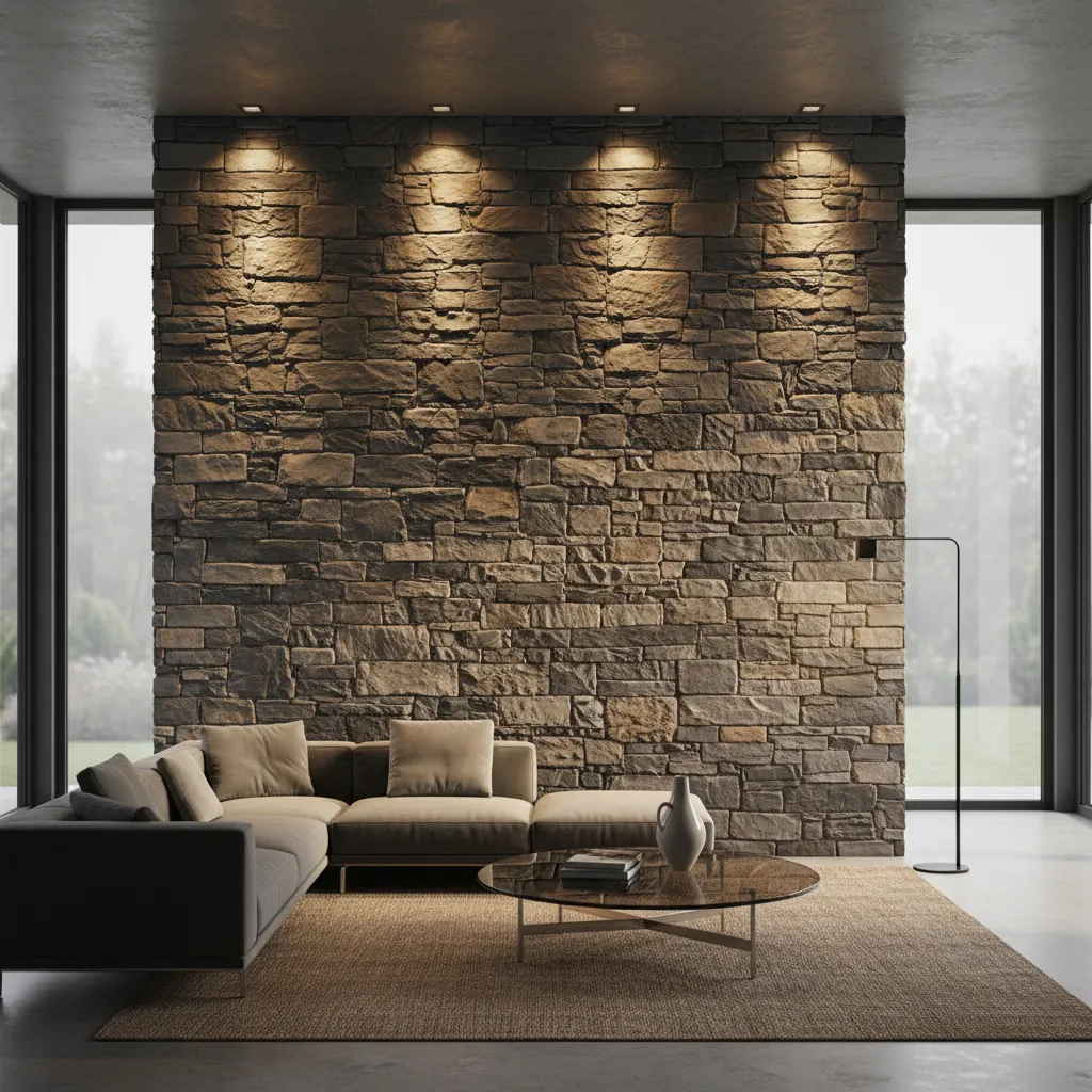 Living room with large stone wall lights above brown sofa glass coffee table and lamp