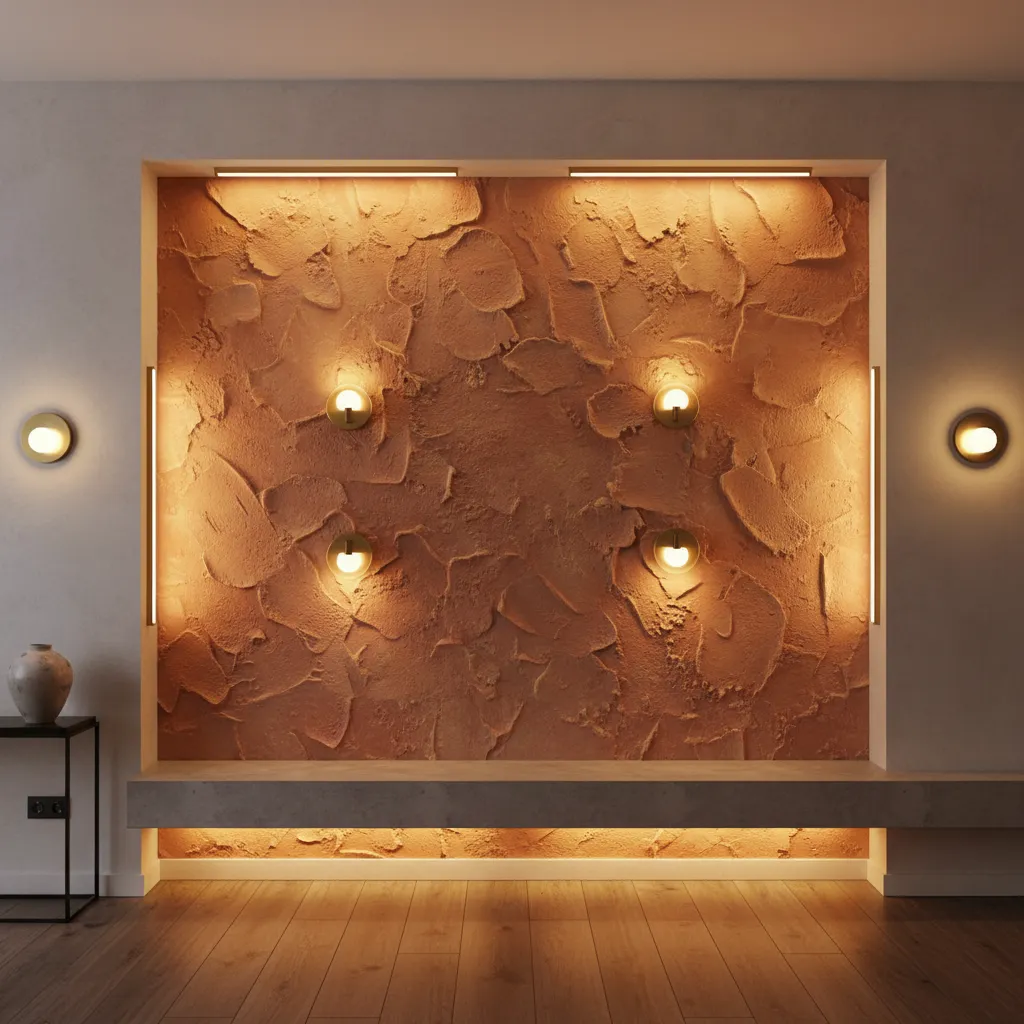 Iluminación resaltando textura de pared decorativa