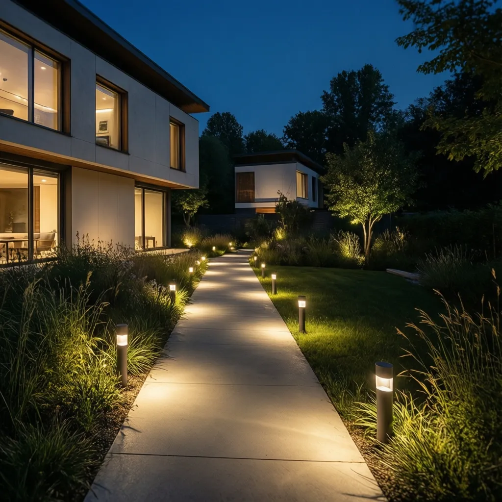 Pasillo exterior iluminado por luces bajas de jardín