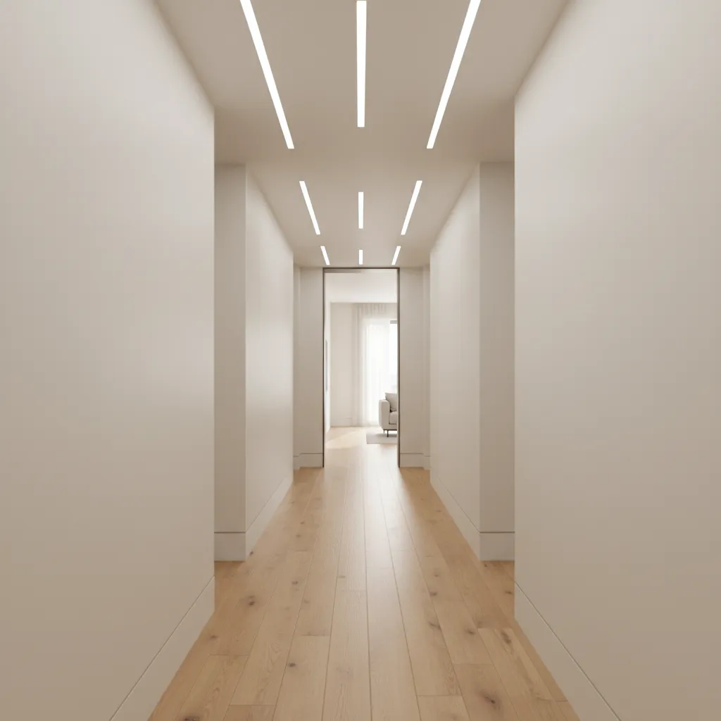 Pasillo estrecho con iluminación LED lineal en el techo