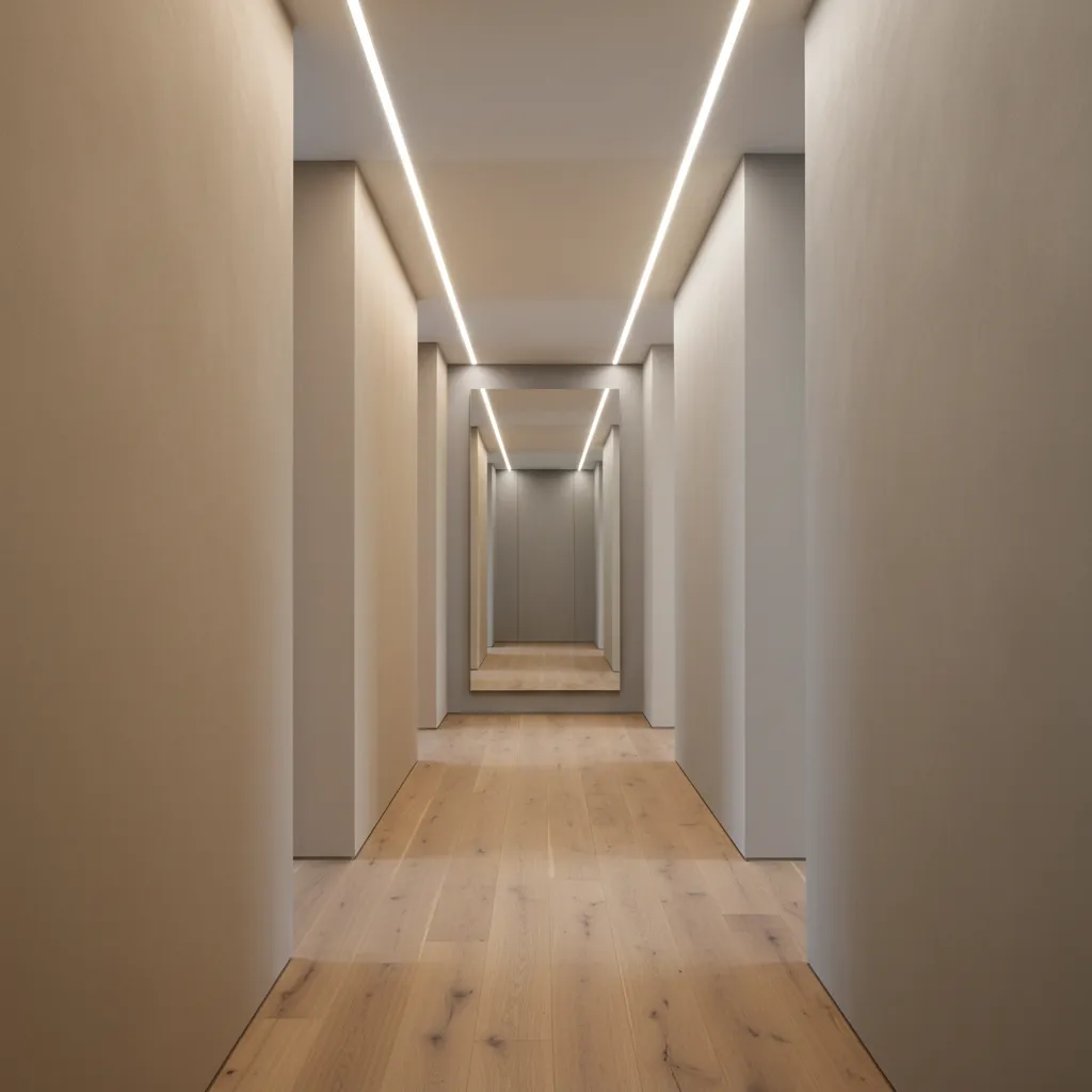 Pasillo moderno con iluminación LED lineal en el techo