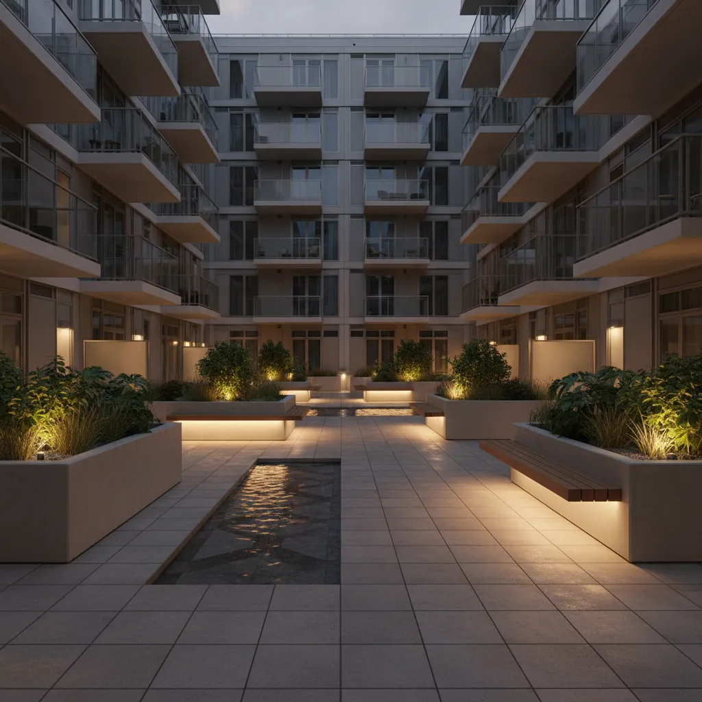 Patio interior comunitario con iluminación cálida nocturna