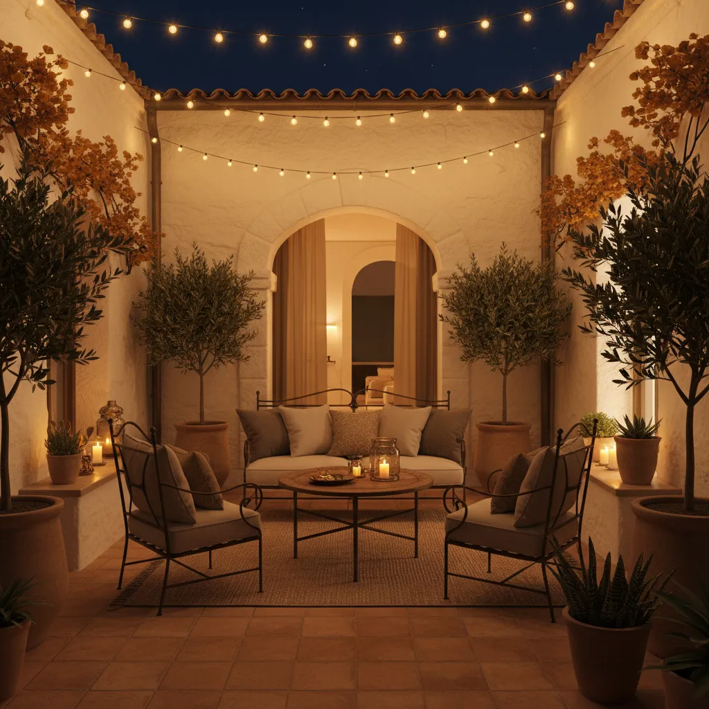Patio interior pequeño iluminado con guirnaldas cálidas por la noche
