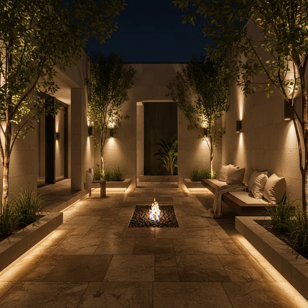 Patio interior iluminado por la noche con focos en plantas