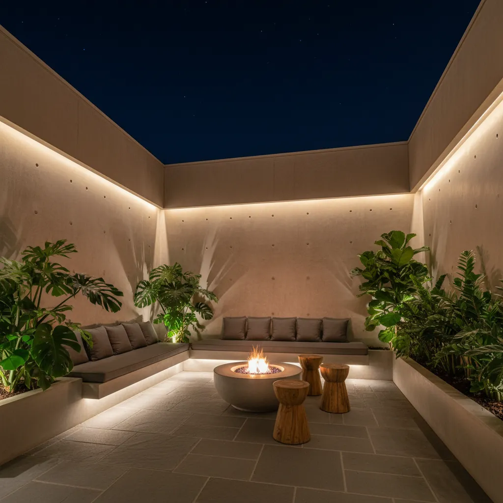 Patio de luz iluminado por la noche con luces LED indirectas