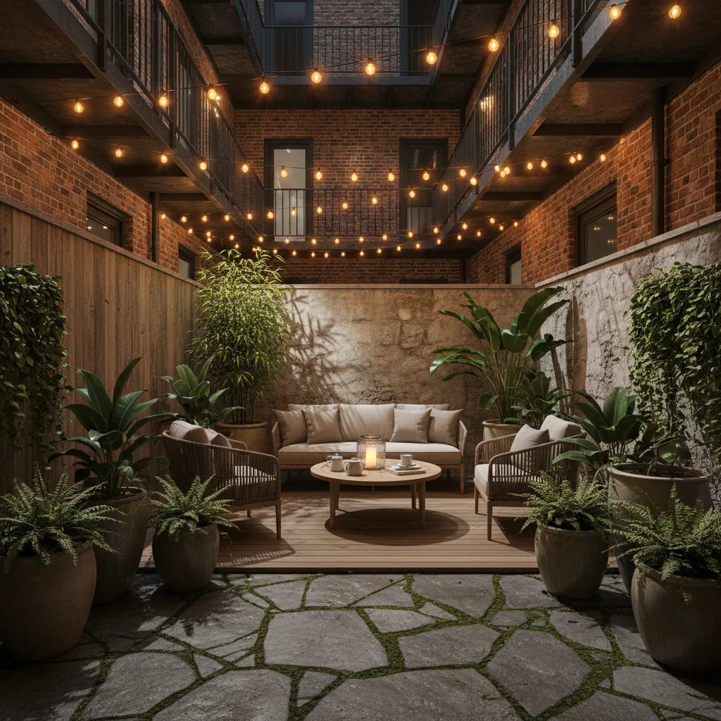 Outdoor patio at night with string lights, sofa, chairs, wooden table, and many potted plants