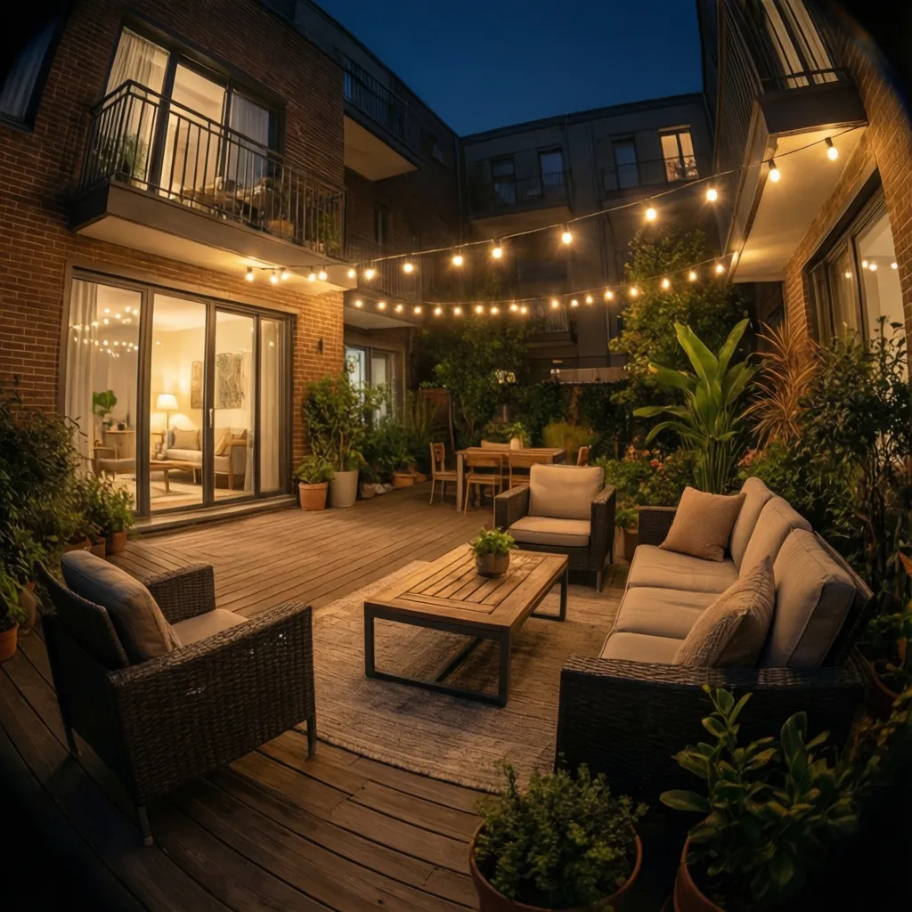 Patio interior pequeño iluminado con guirnaldas de luz cálida