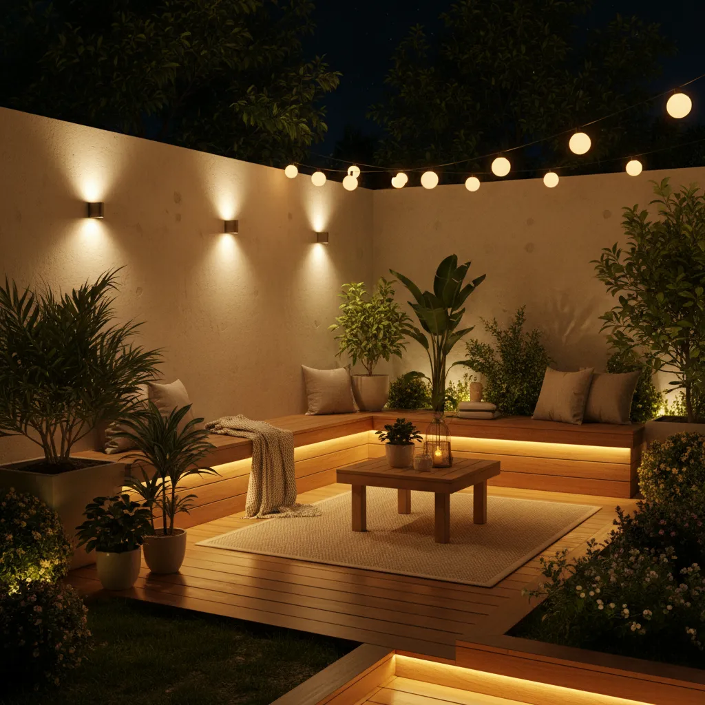 Iluminación cálida en un patio pequeño moderno por la noche