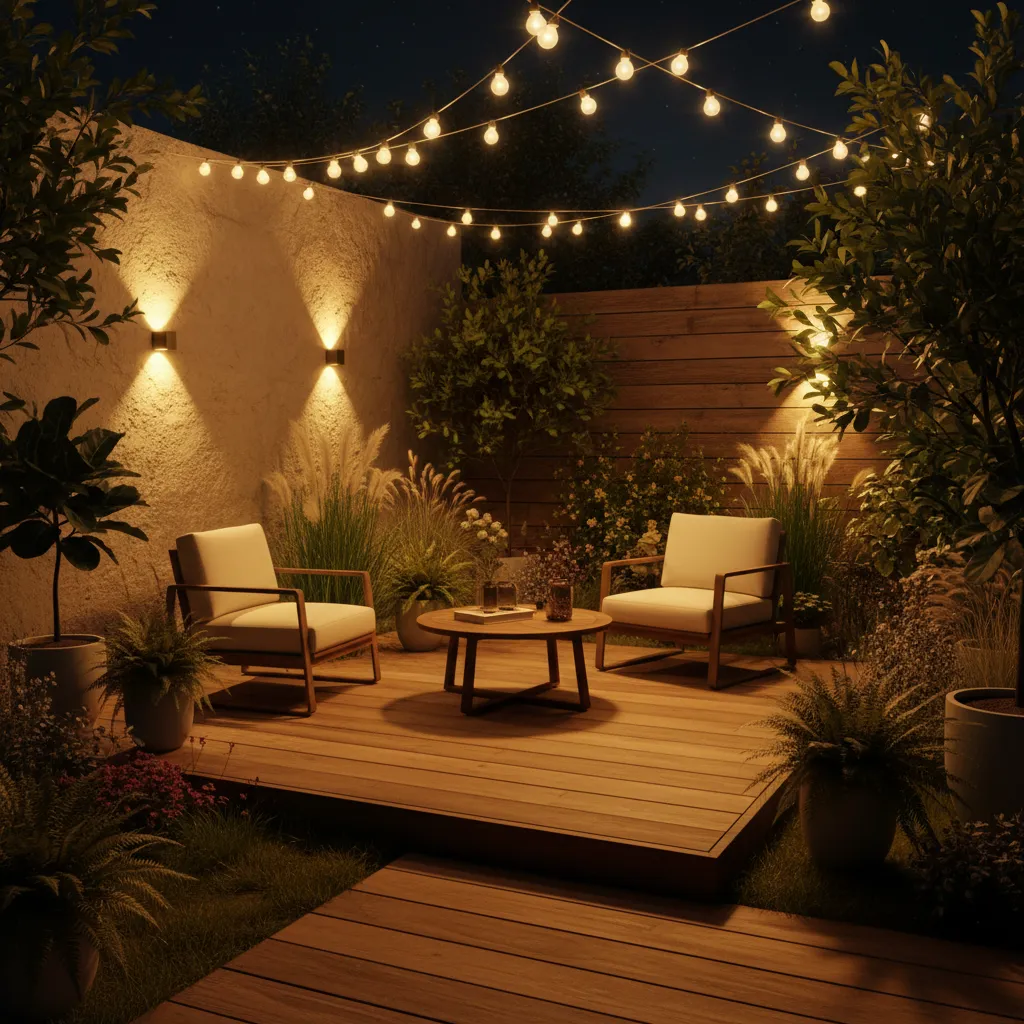 Patio pequeño iluminado con luces cálidas y ambiente acogedor