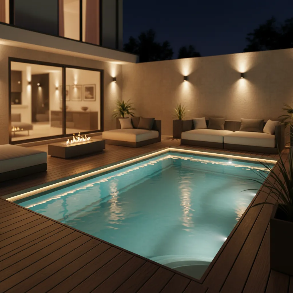 Piscina pequeña iluminada por la noche en patio moderno