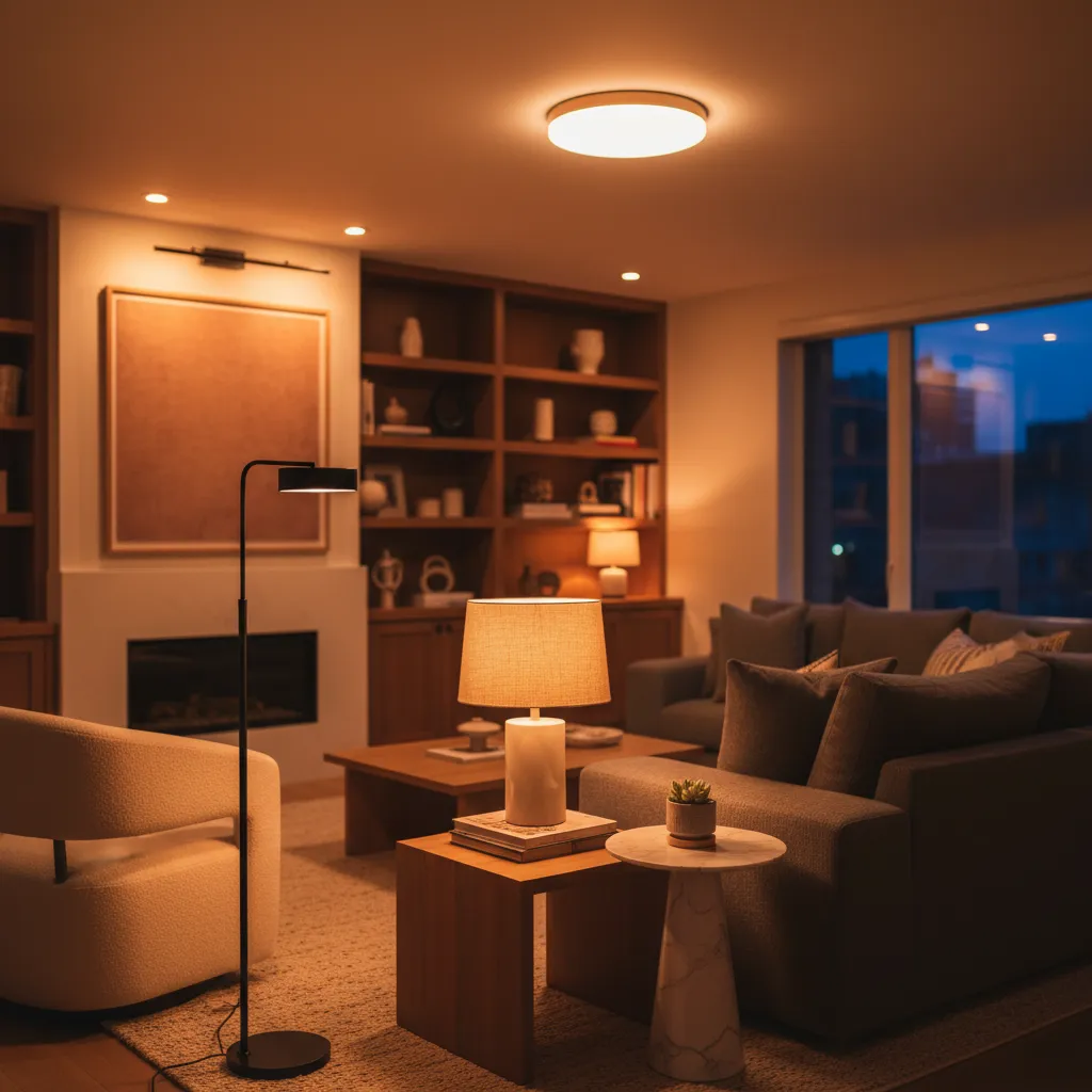 Living room with warm lighting featuring ceiling light floor lamp table lamp and grey sofa