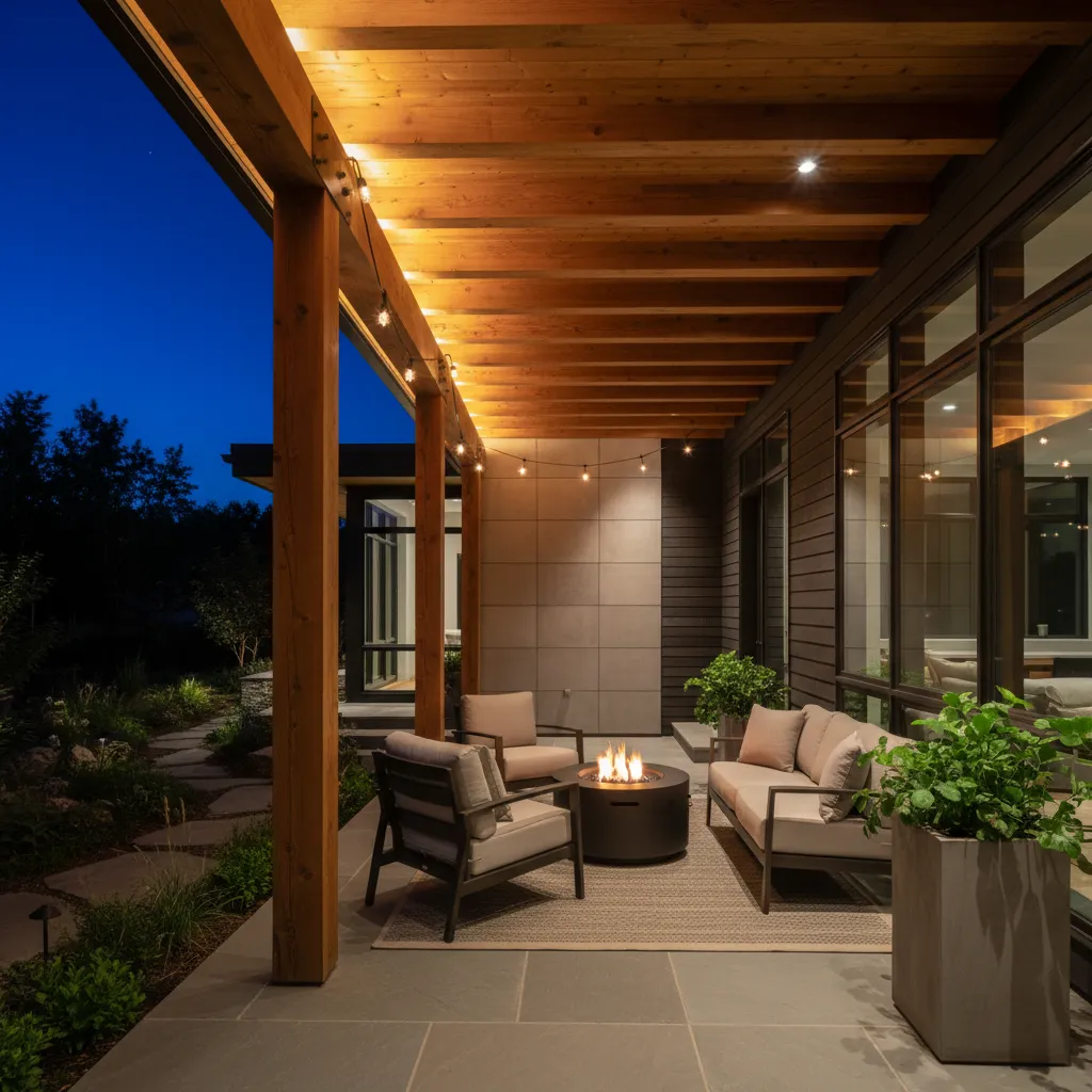 Porche iluminado por la noche con luz indirecta en vigas