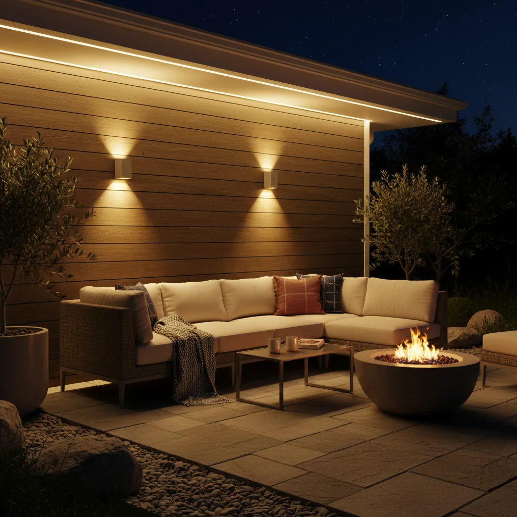 Porche iluminado por la noche con luces cálidas