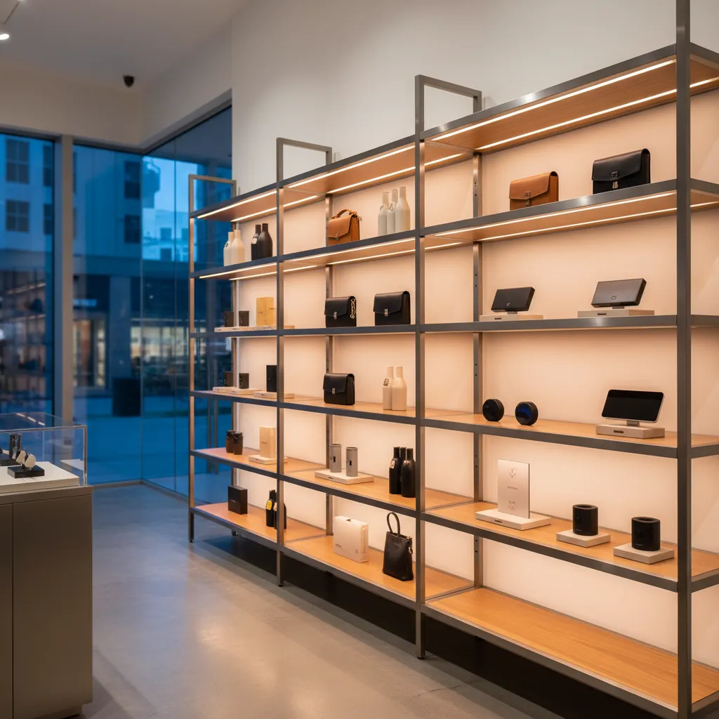 Exposición de productos en tienda con iluminación focal y estanterías organizadas