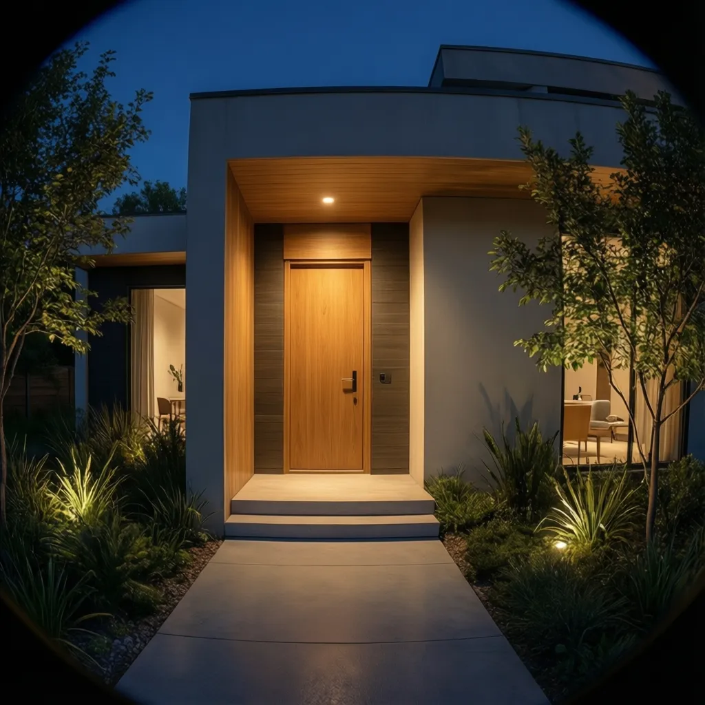 Iluminación exterior destacando una puerta de acceso moderna
