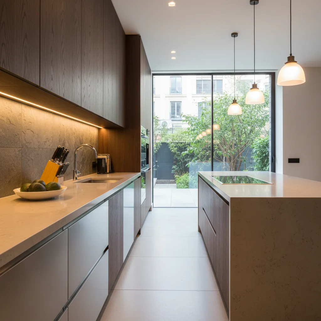 Iluminación puntual bajo muebles de cocina iluminando la encimera