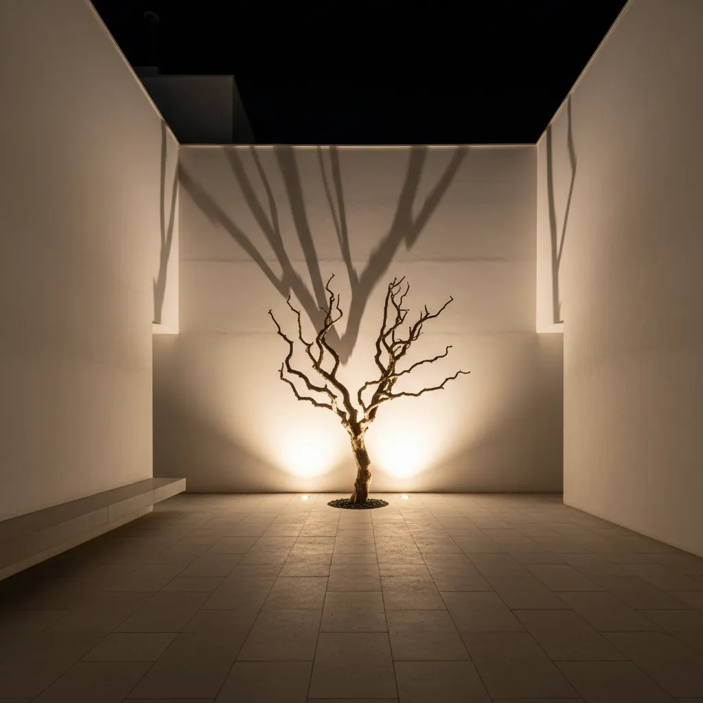 Small tree in courtyard at night with floor lights casting large shadows on white wall
