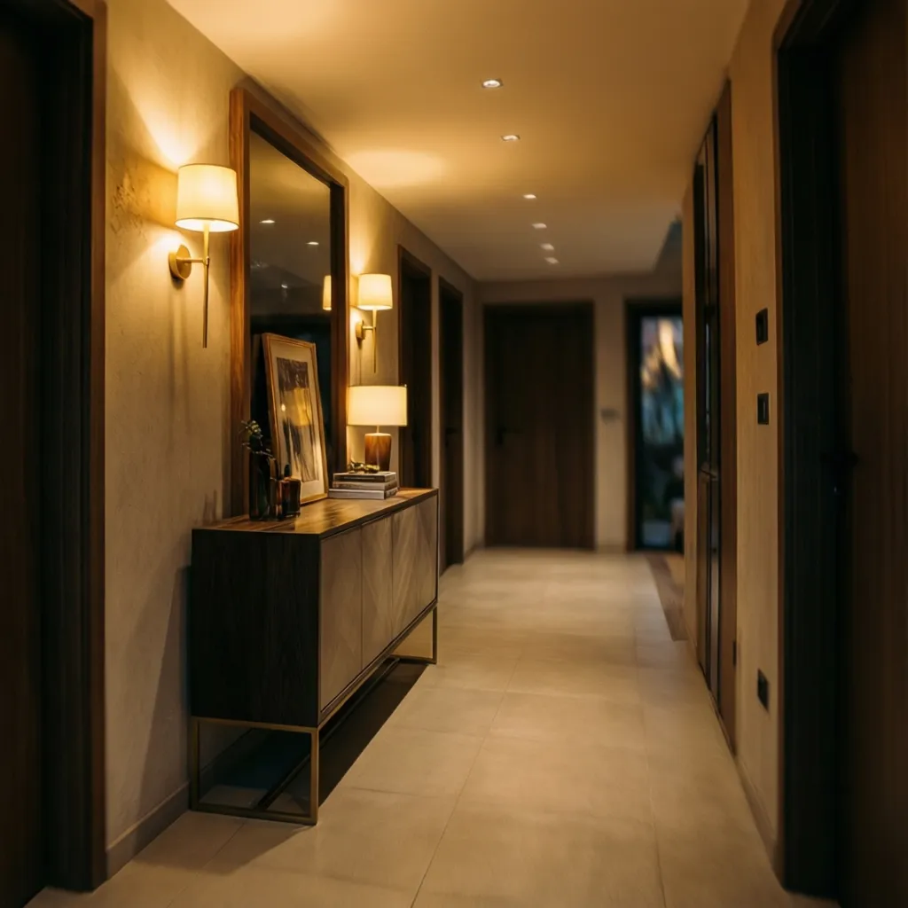 Iluminación cálida en recibidor moderno con apliques de pared