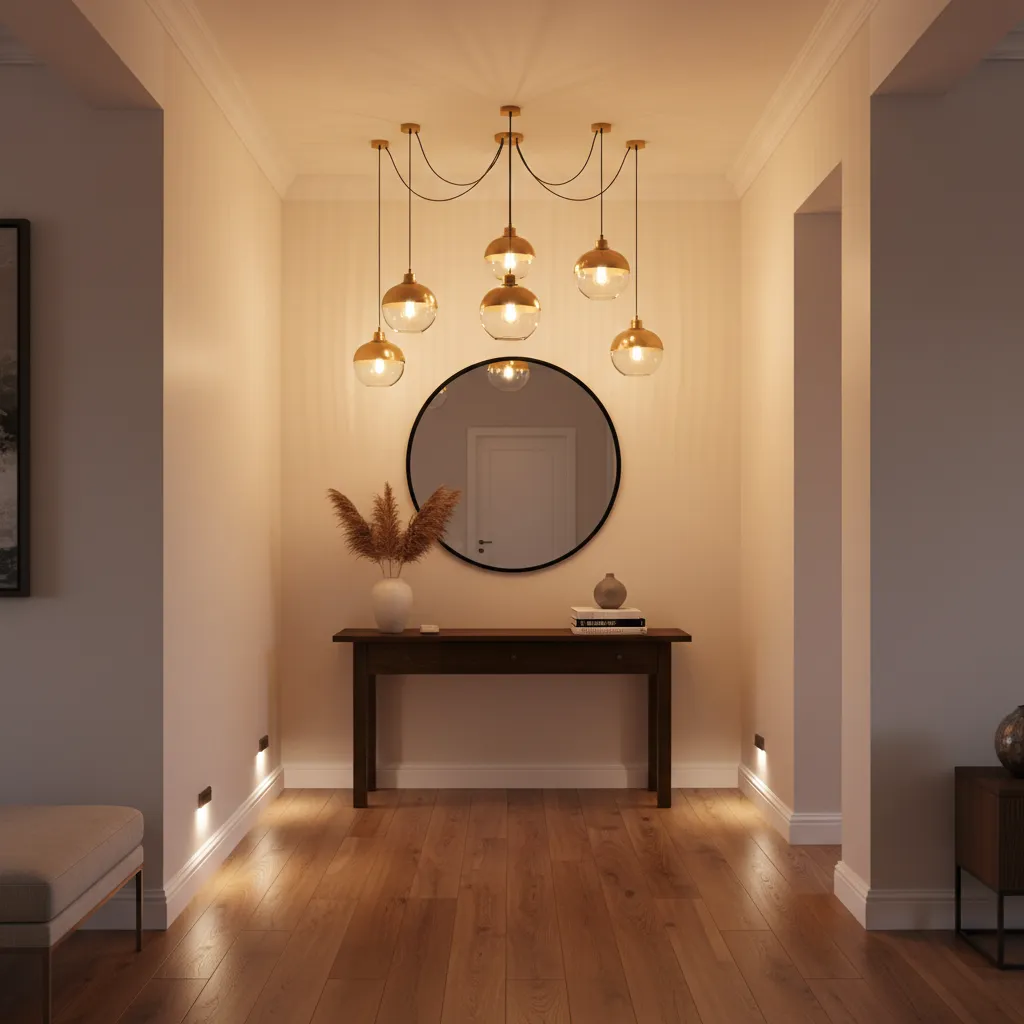 Warm hallway featuring dark wood console table, round mirror, gold ceiling light, and wooden floor