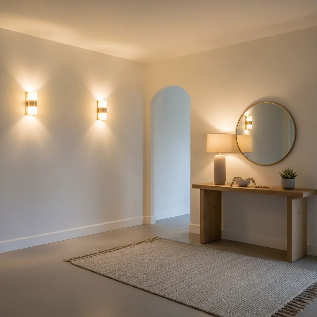 Entrada de casa con iluminación cálida y lámpara decorativa