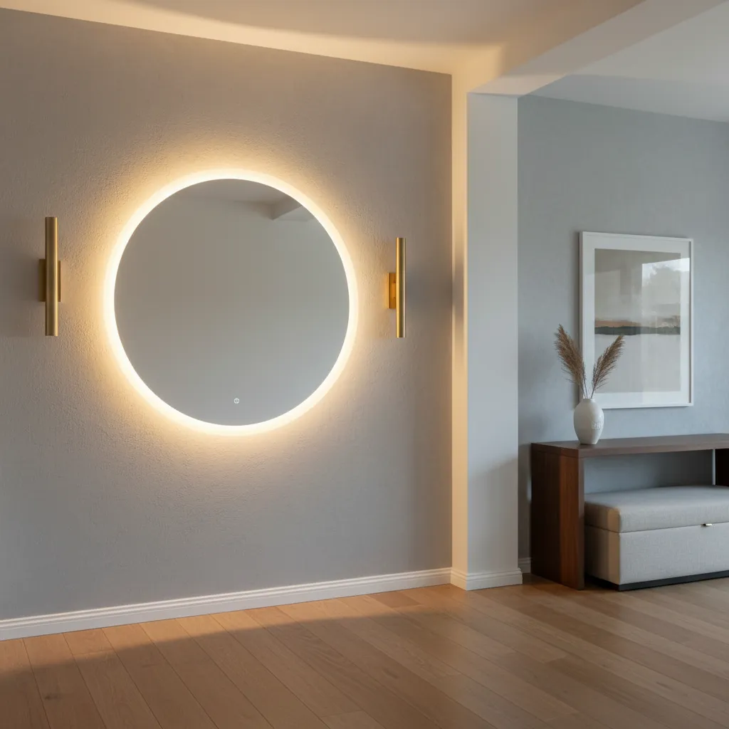 Recibidor con iluminación cálida y espejo iluminado