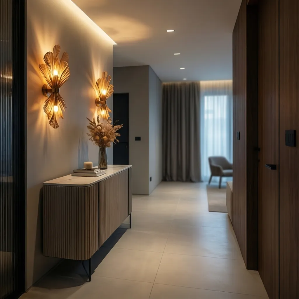 Modern hallway with wooden cabinet, leaf shaped wall lights, dried flowers, and neutral floor tiles
