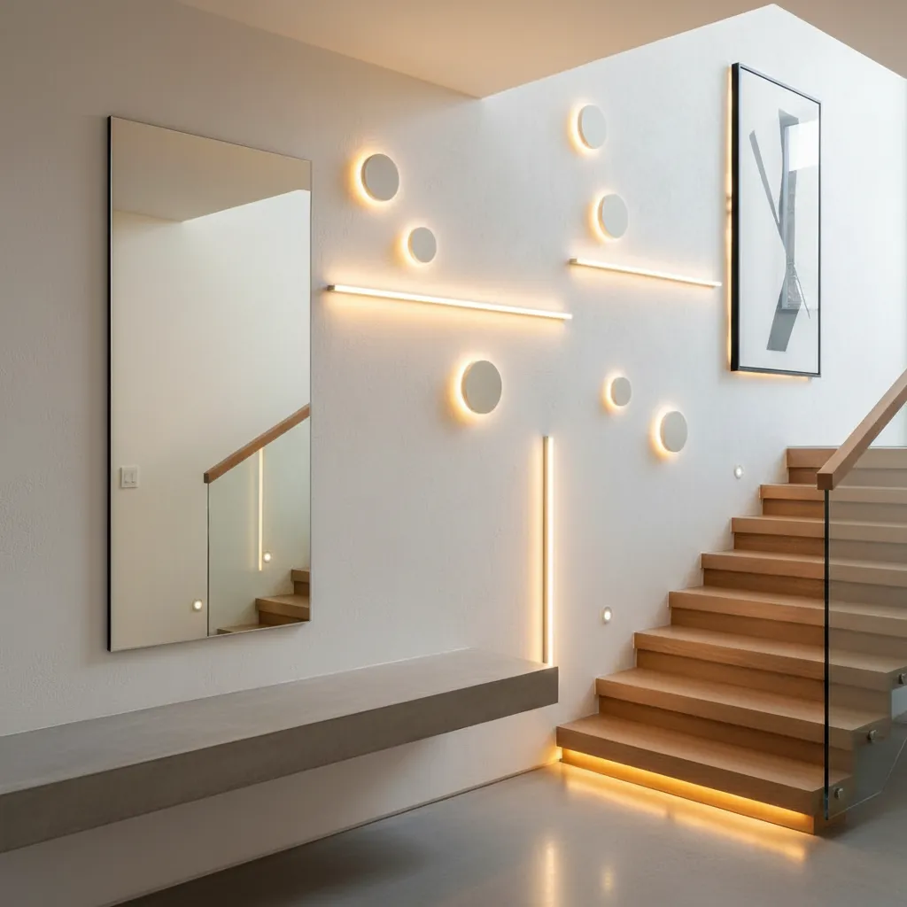 Iluminación de pared en rellano de escalera moderna