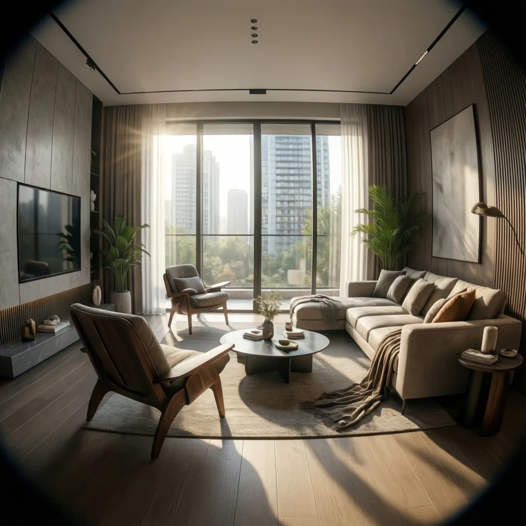 Escena interior mostrando iluminación natural realista en render 3D