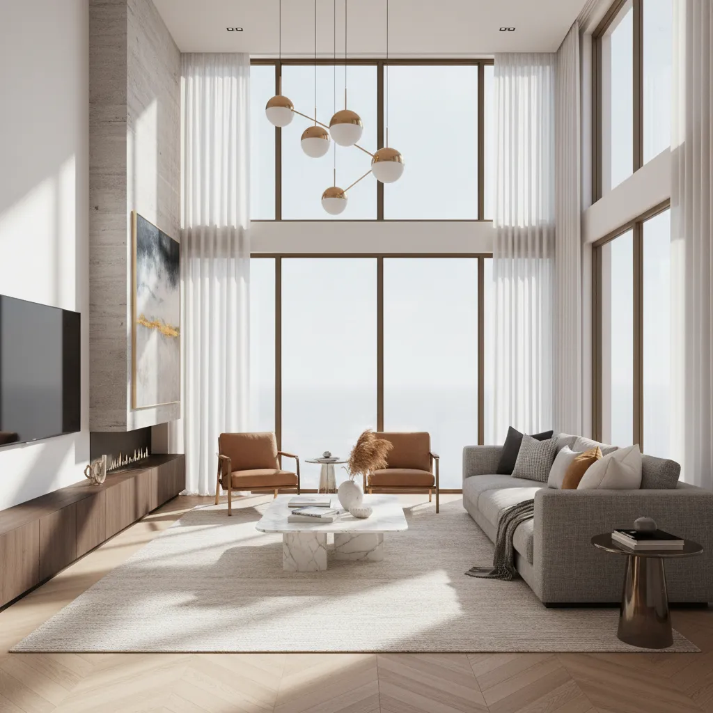 Render de salón con iluminación natural realista