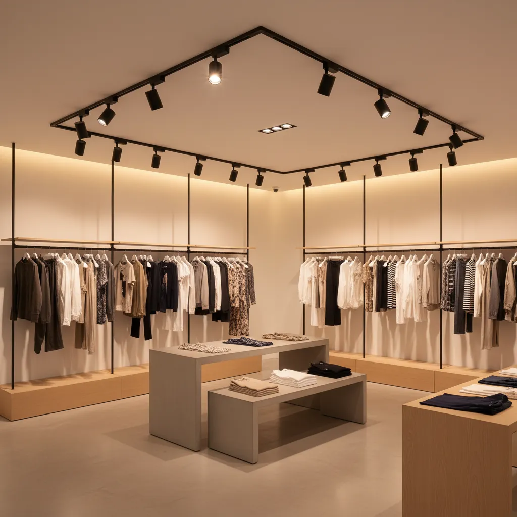 Sistema de iluminación con focos dirigidos en una tienda de ropa moderna