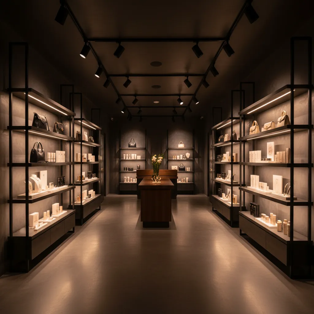 Iluminación de acento destacando productos en una tienda moderna