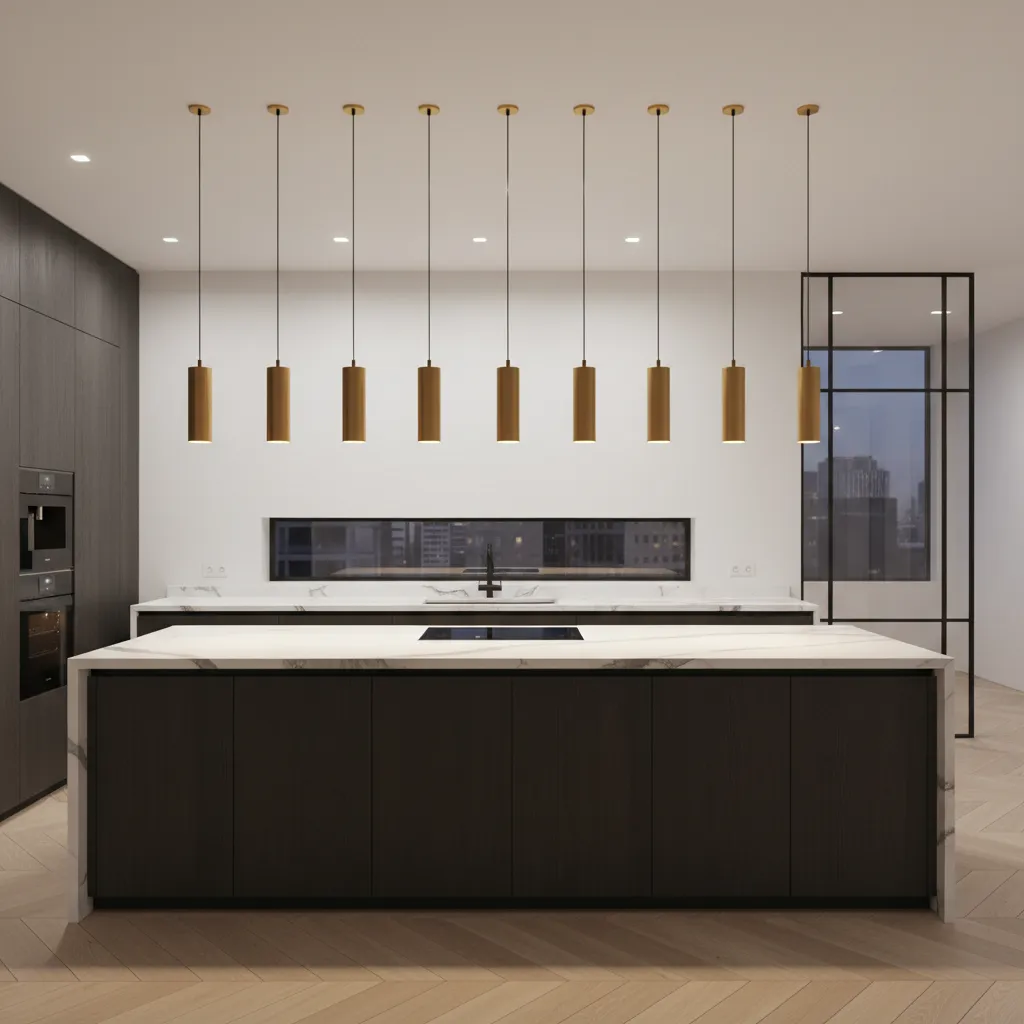 Lámparas colgantes alineadas creando ritmo en el techo