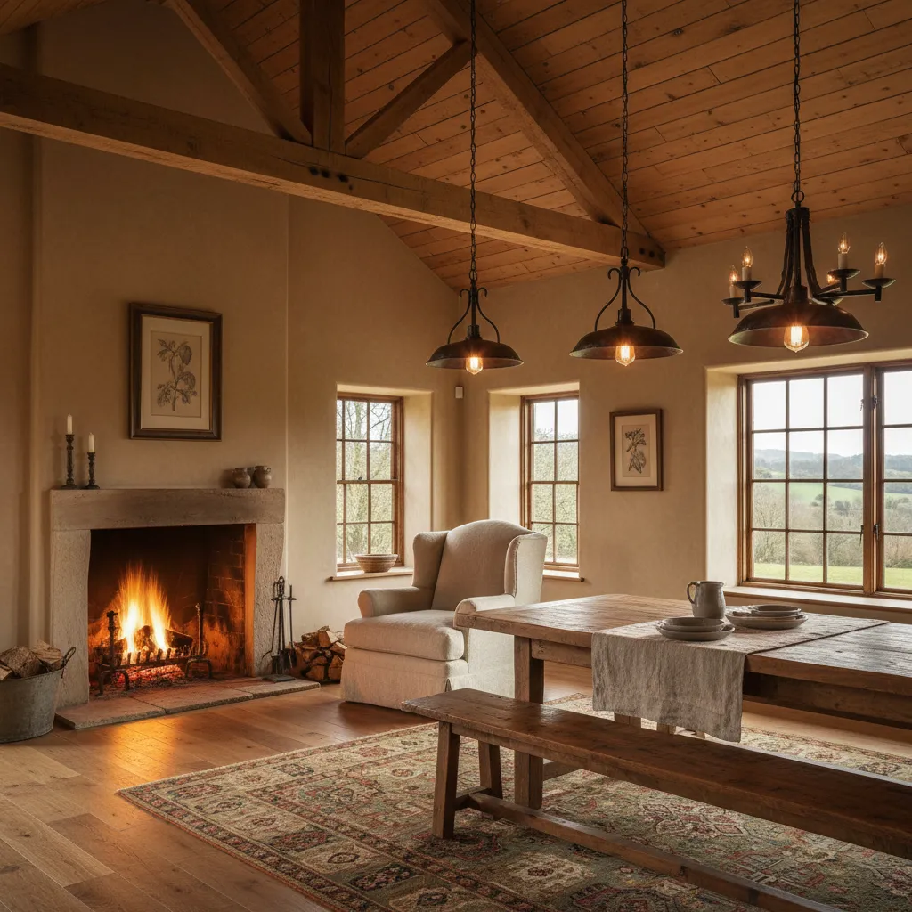 Rustic dining room with wooden table, bench, armchair, fireplace, ceiling lights, and windows viewing fields
