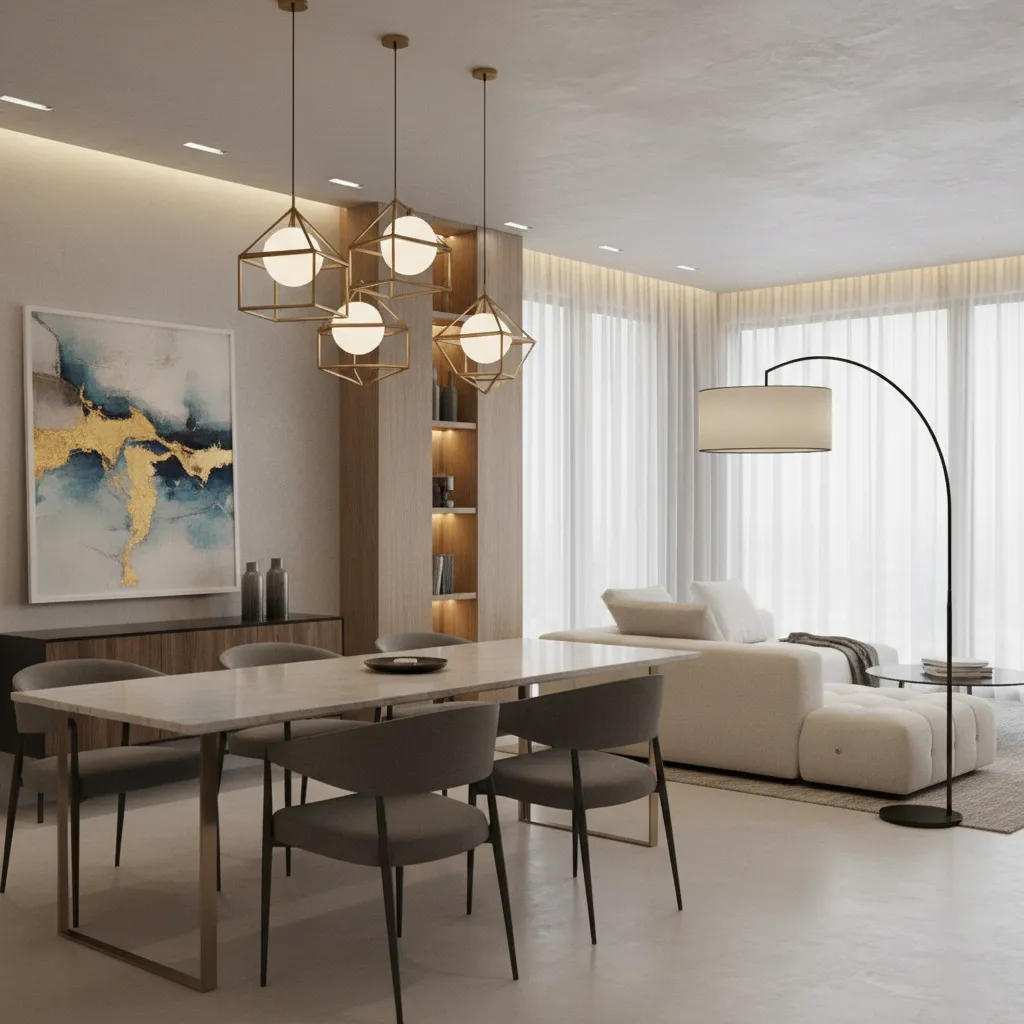Layered lighting living dining room with pendant light over dining table