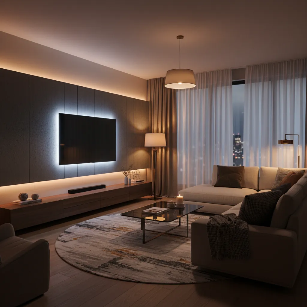 Sala de TV con iluminación indirecta y ambiente cálido