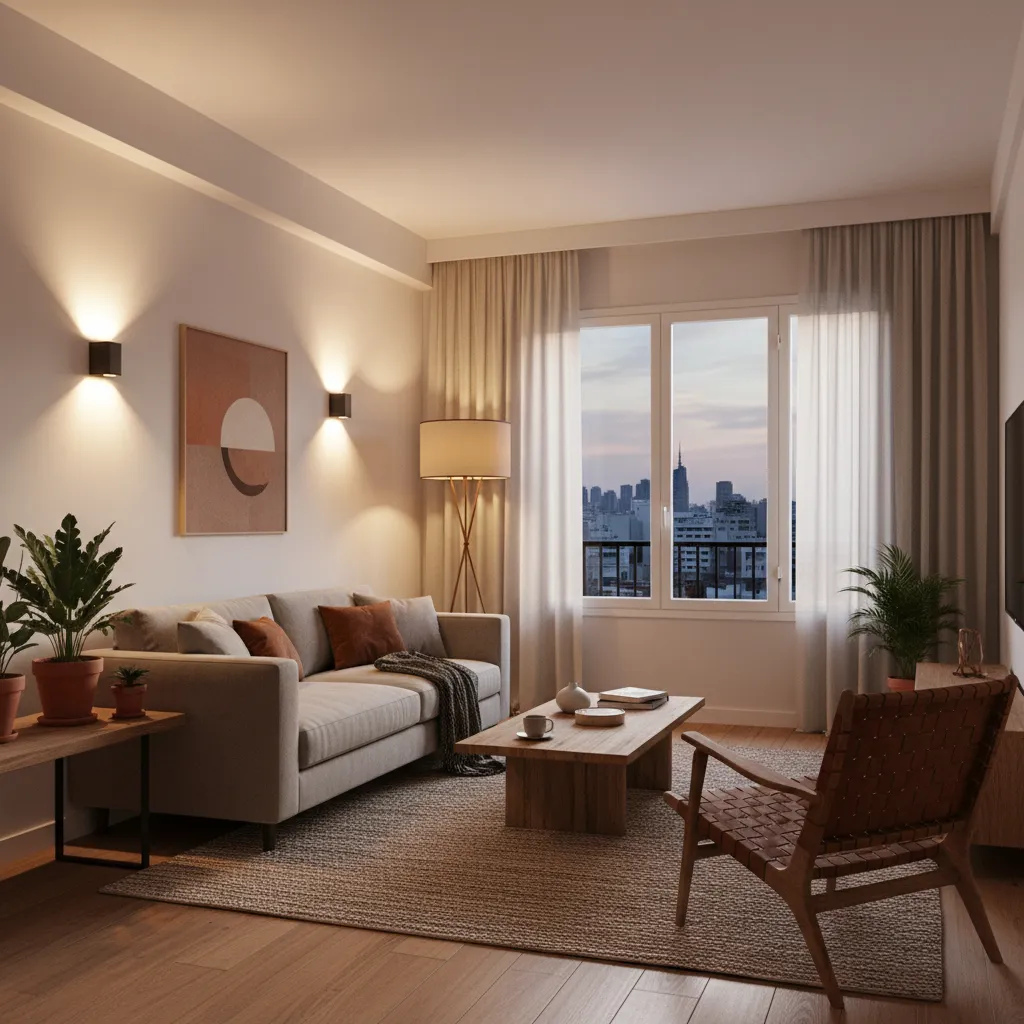 Salón con iluminación indirecta y lámparas de ambiente