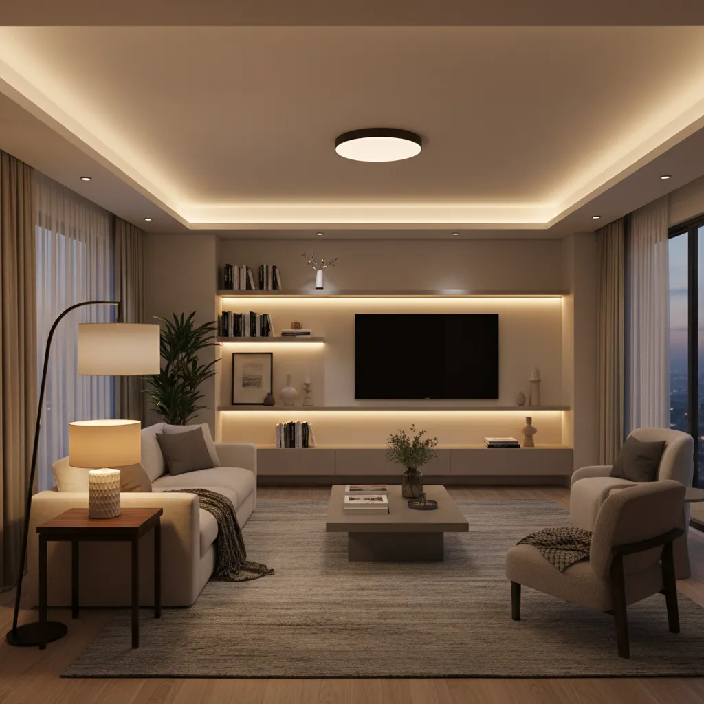 Salón con diferentes capas de iluminación interior