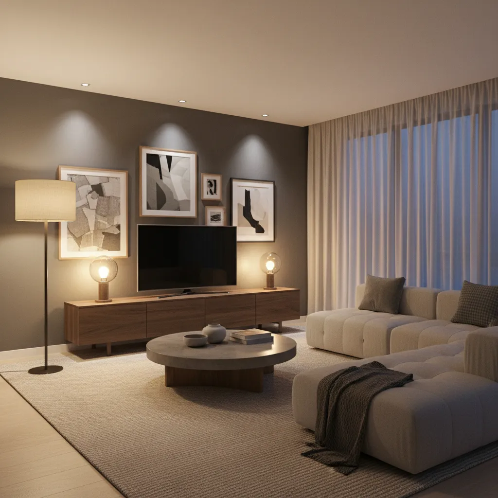 Salón con iluminación en capas usando lámpara de pie y luz ambiental
