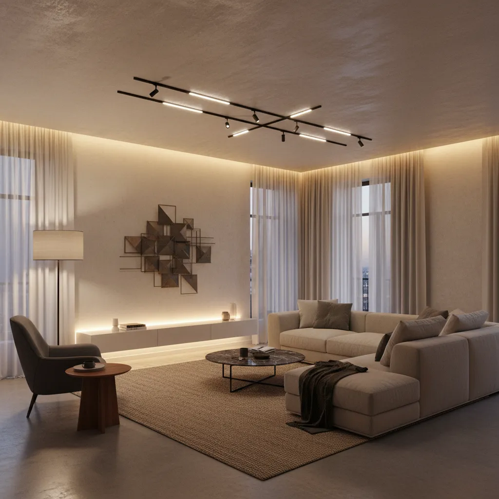 Ejemplo de iluminación en capas en un salón moderno