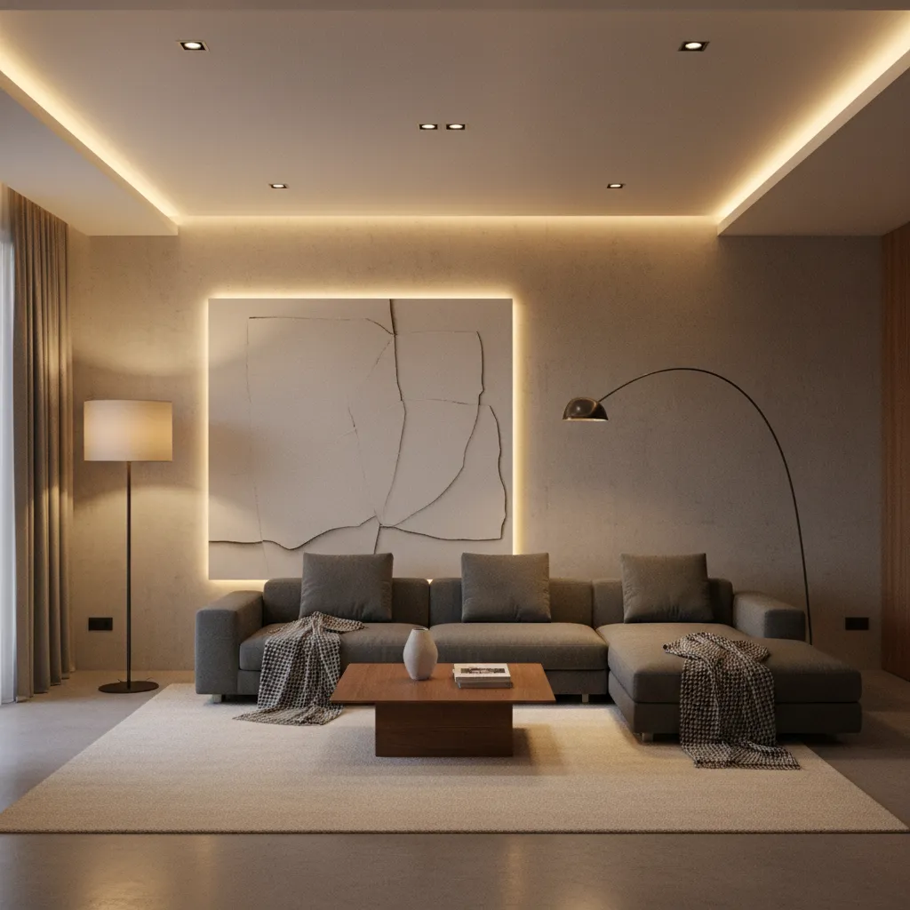 Salón moderno con iluminación en capas incluyendo lámparas y luz indirecta
