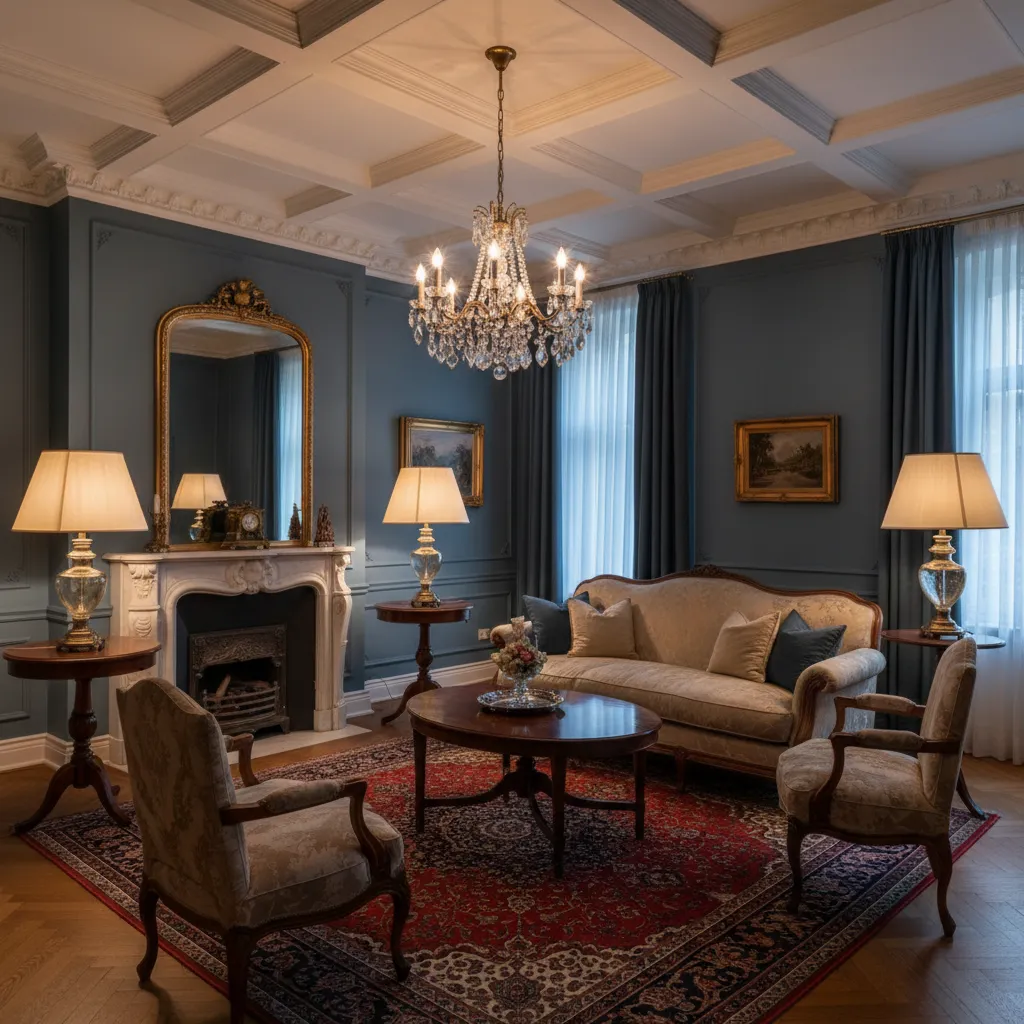 Salón clásico pequeño con iluminación en capas