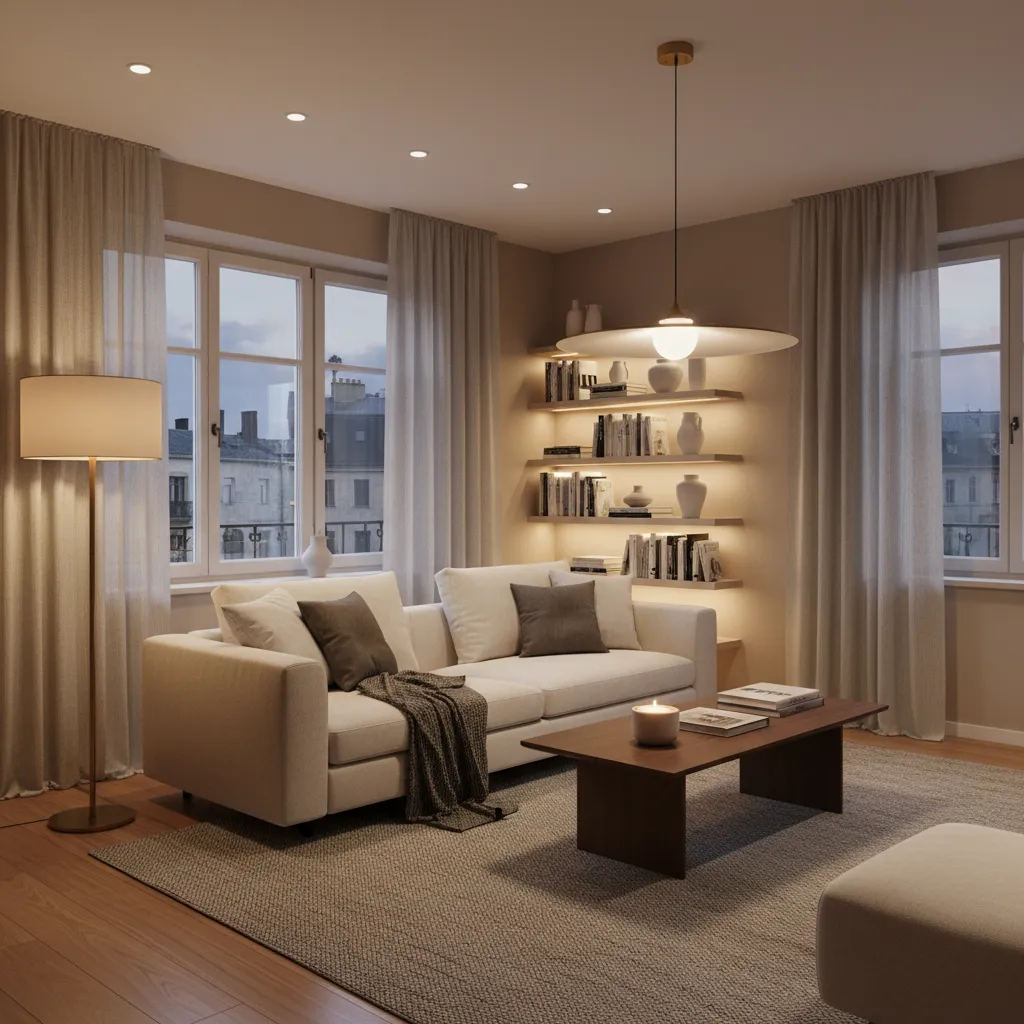 Ejemplo de iluminación bien diseñada en un salón moderno