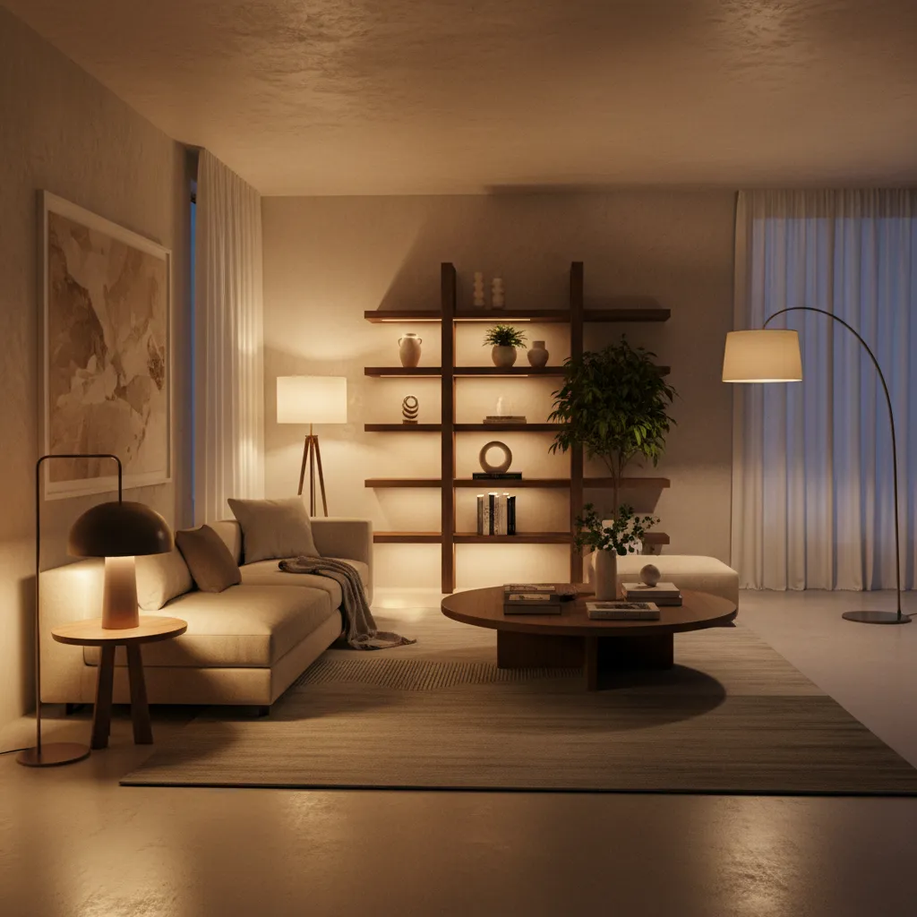 salón con iluminación ambiental y lámparas decorativas