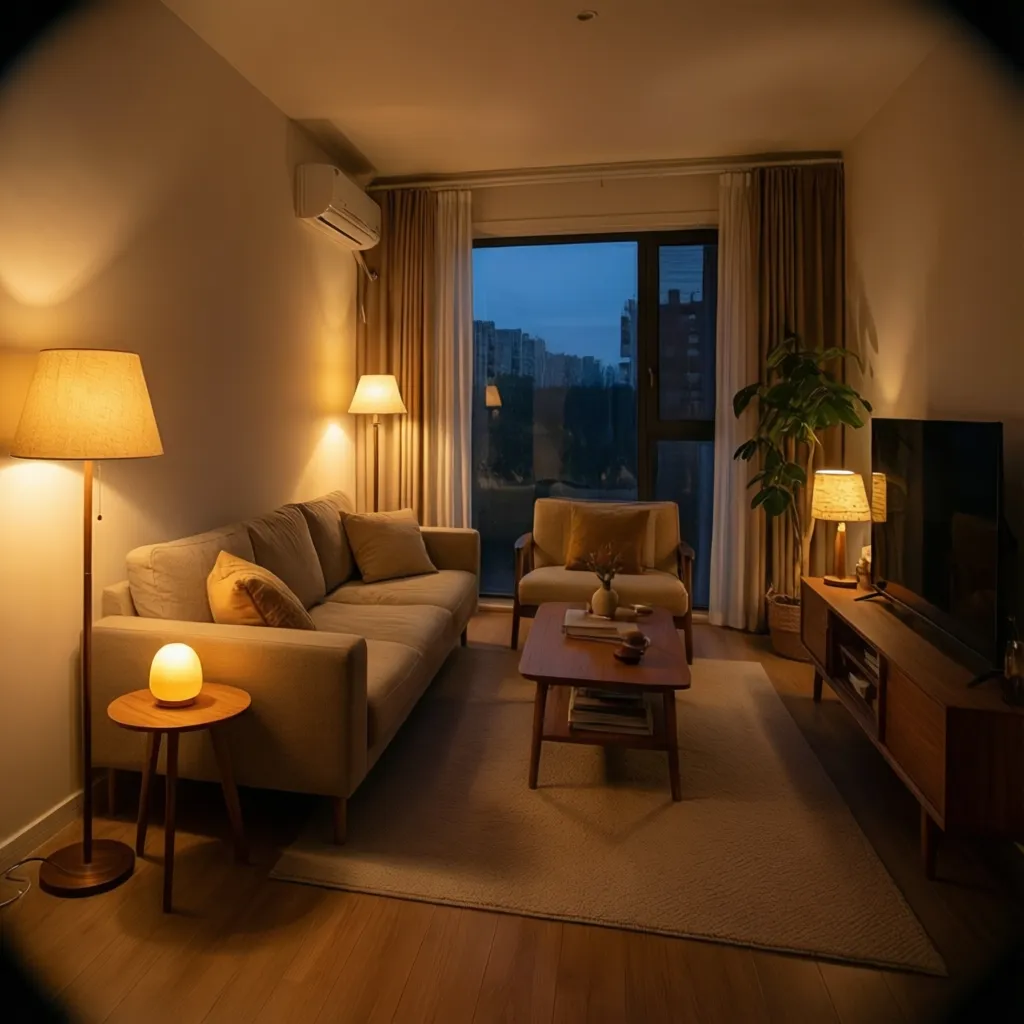 Salón con varias fuentes de iluminación cálida